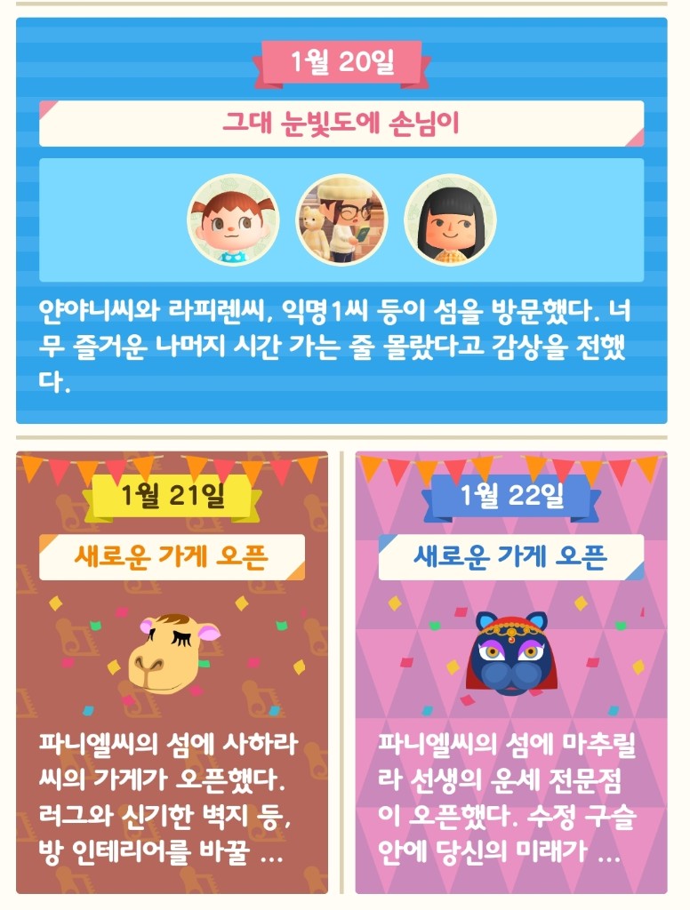 ㅁ `22.01.24(월) 지난주 동숲생활 다이제스트 이렇게 신문 주요 기사를 쭈욱 살펴보니까.... 지난 주는 파니섬의 가게를  오픈하는데 주력했던 한 주였던 것 같군요. 현... | 모여봐요 동물의 숲 | 미니맵